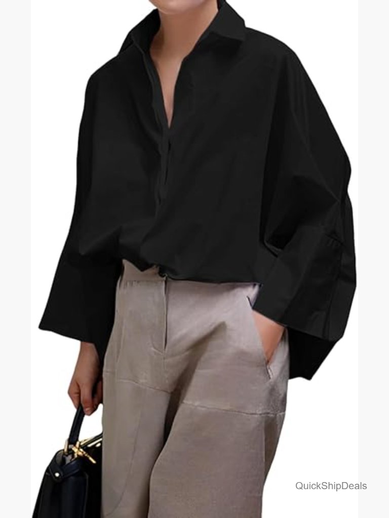 Womens Button Down Shirt 3/4 Sleeve Loose Fit Collared Work Blouse